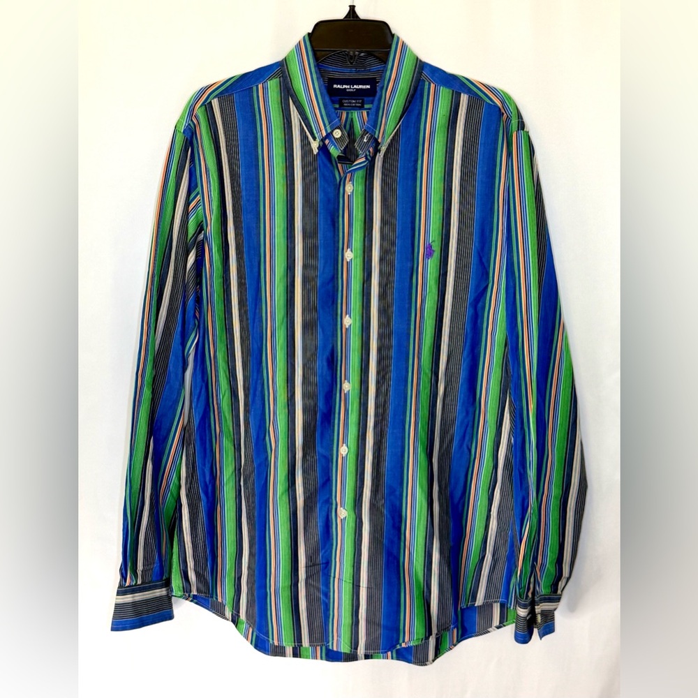 Ralph Lauren Blue and Green Striped Men's Shirt